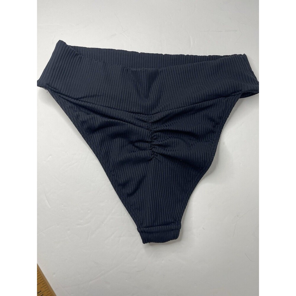Montce Swim Women's Medium High Rise Ribbed Swim Bottom Black - Picture 3 of 3